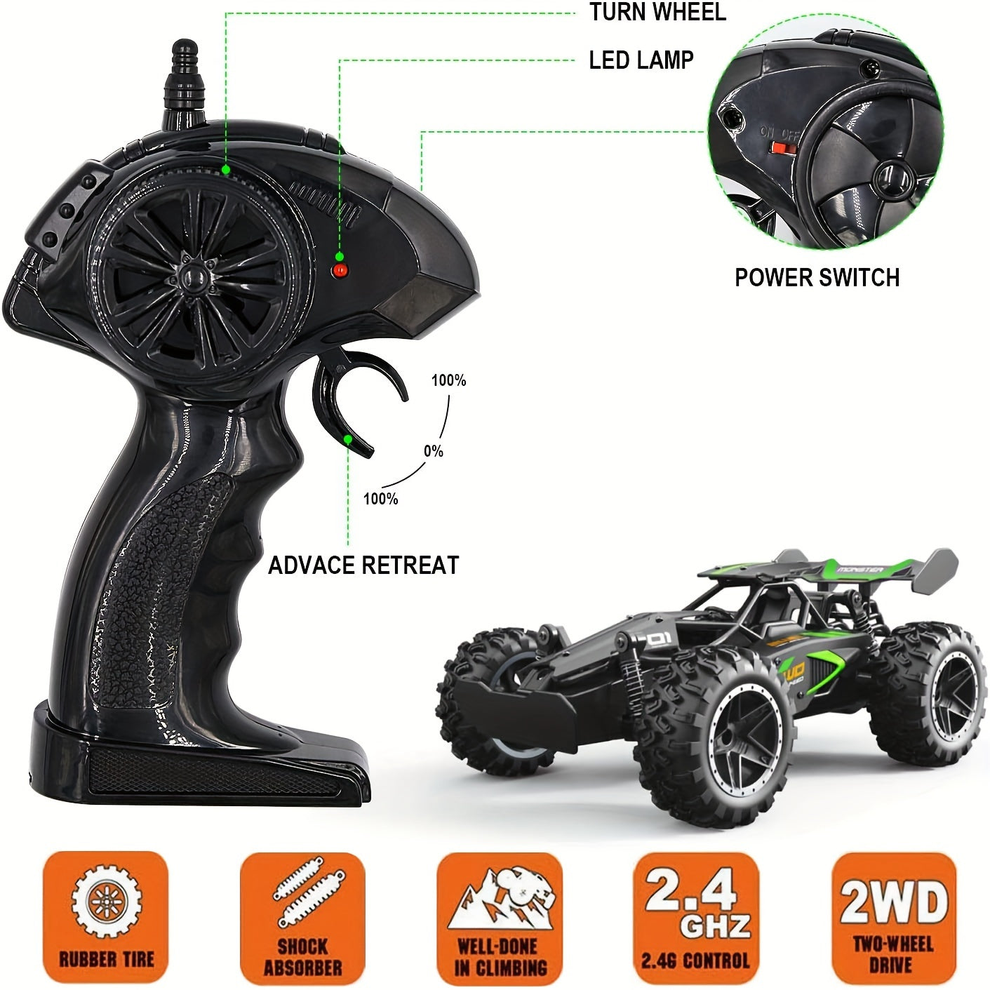 High-Speed remote control racing car with anti-collision & drift modes, USB rechargeable battery, 1:18 scale, off-road design, rubber tires.