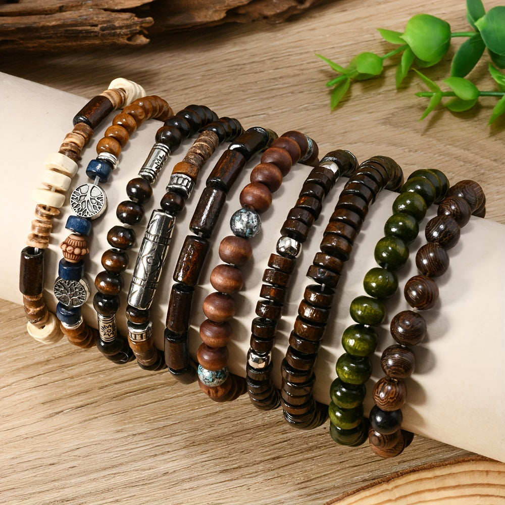 Set of 10 Bohemian Style Fashion Wooden Beaded Bracelets for Men and Women, Perfect Couple Bracelet Hand String Gift