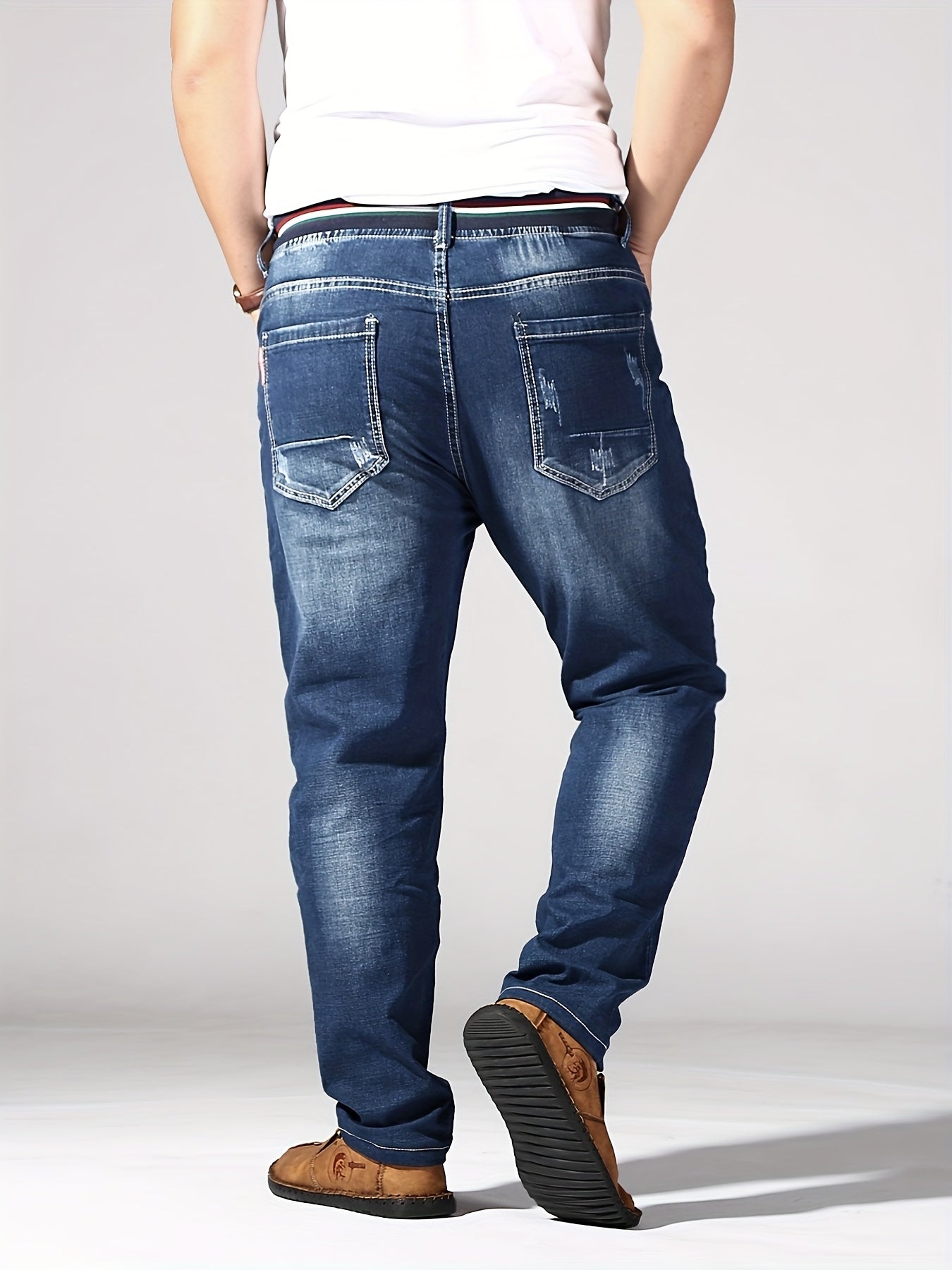 Men's Plus Size Slim-Fit Stretch Denim Jeans with Elastic Waistband, perfect for Autumn and Spring