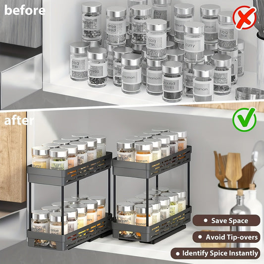 A set of three convenient Easy-Install Pull-Out Spice Rack Organizers designed for cabinets. Featuring a durable and space-saving design with two tiers, each rack holds up to 10 jars. Ideal for use in the kitchen and dining area.