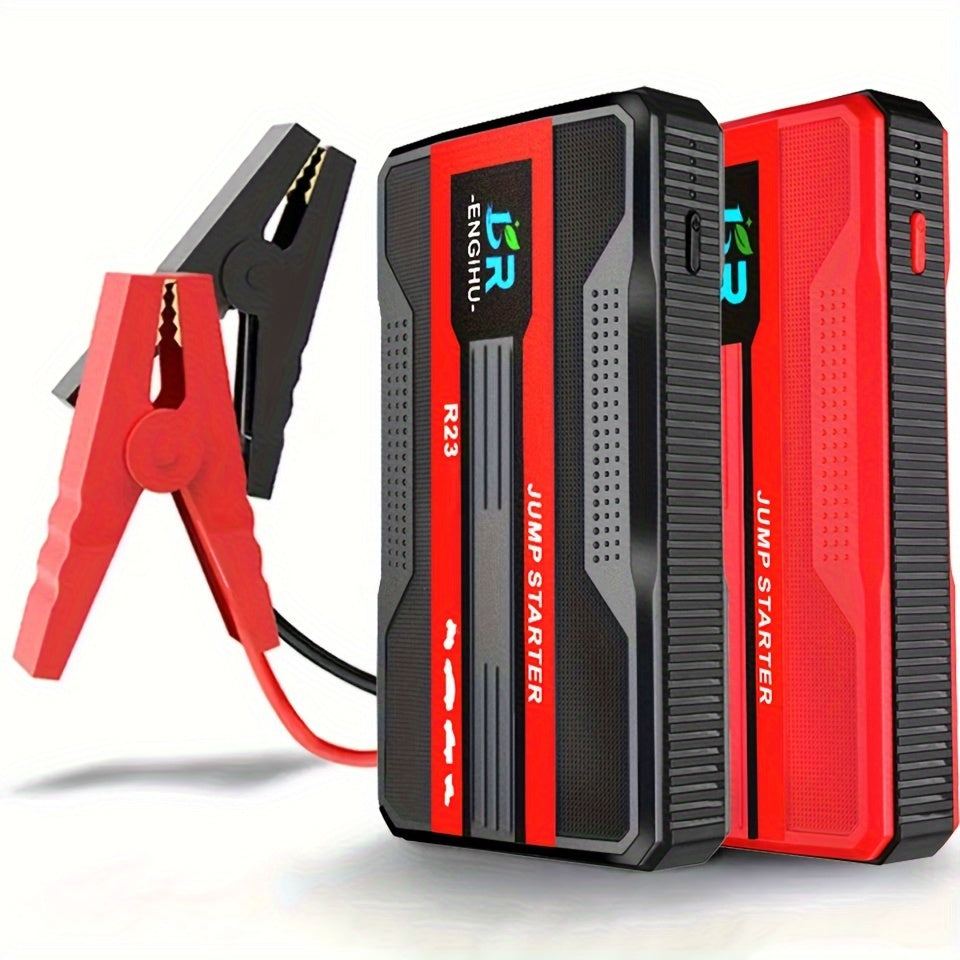 Portable smart start clip car battery booster and power bank starting device for universal 12V car battery jump starting.