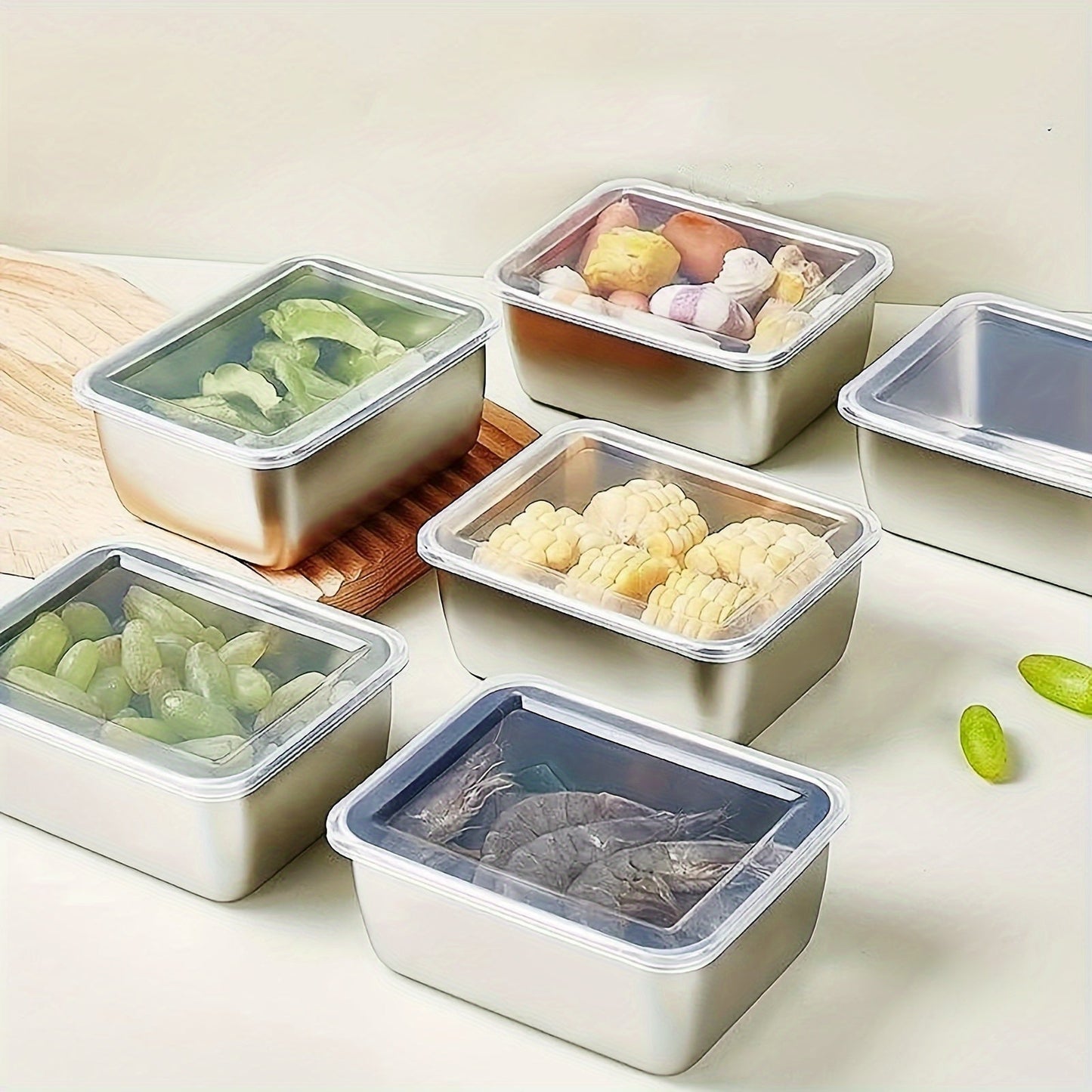 Stainless Steel Storage Container Set of 6, with Lids for Freshness - Ideal for Meal Prep, Meat, Fruit, Vegetables - Stackable and Reusable - Perfect for Kitchen Organization and Storage - Includes Kitchen Accessories