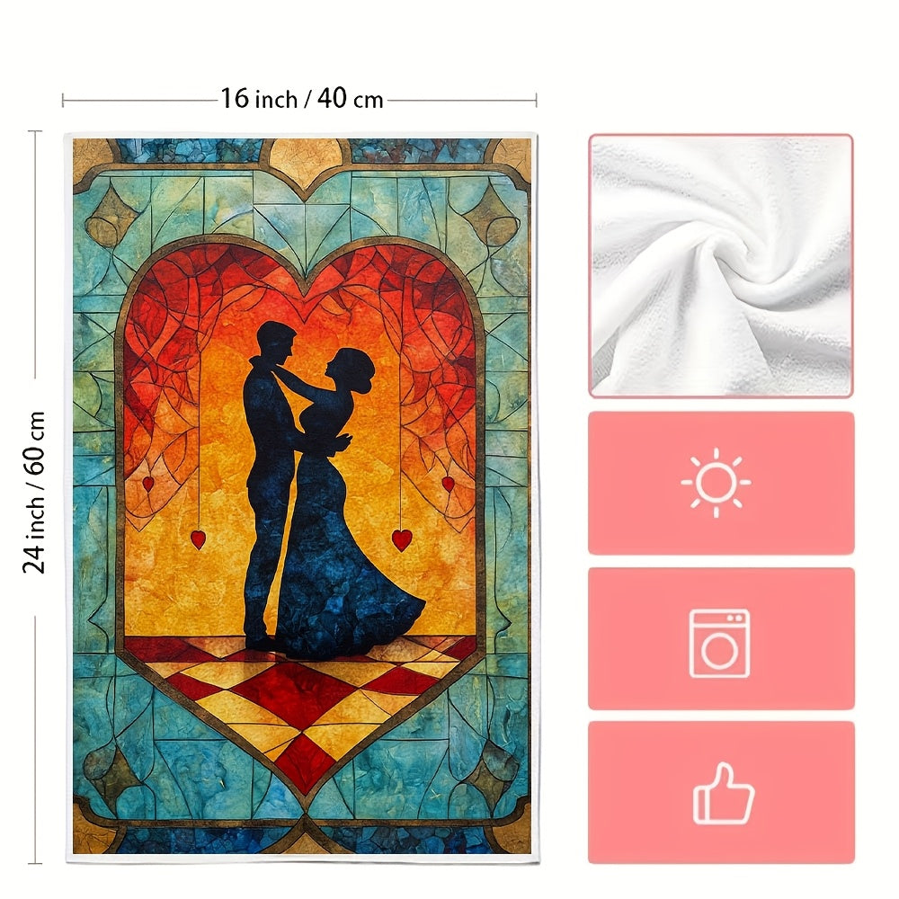 This collection includes two luxuriously soft kitchen towels showcasing an enchanting scene of a couple learning to dance in a class. The intricate artwork captures the pair mastering new steps under the guidance of their instructor, all set on a dance