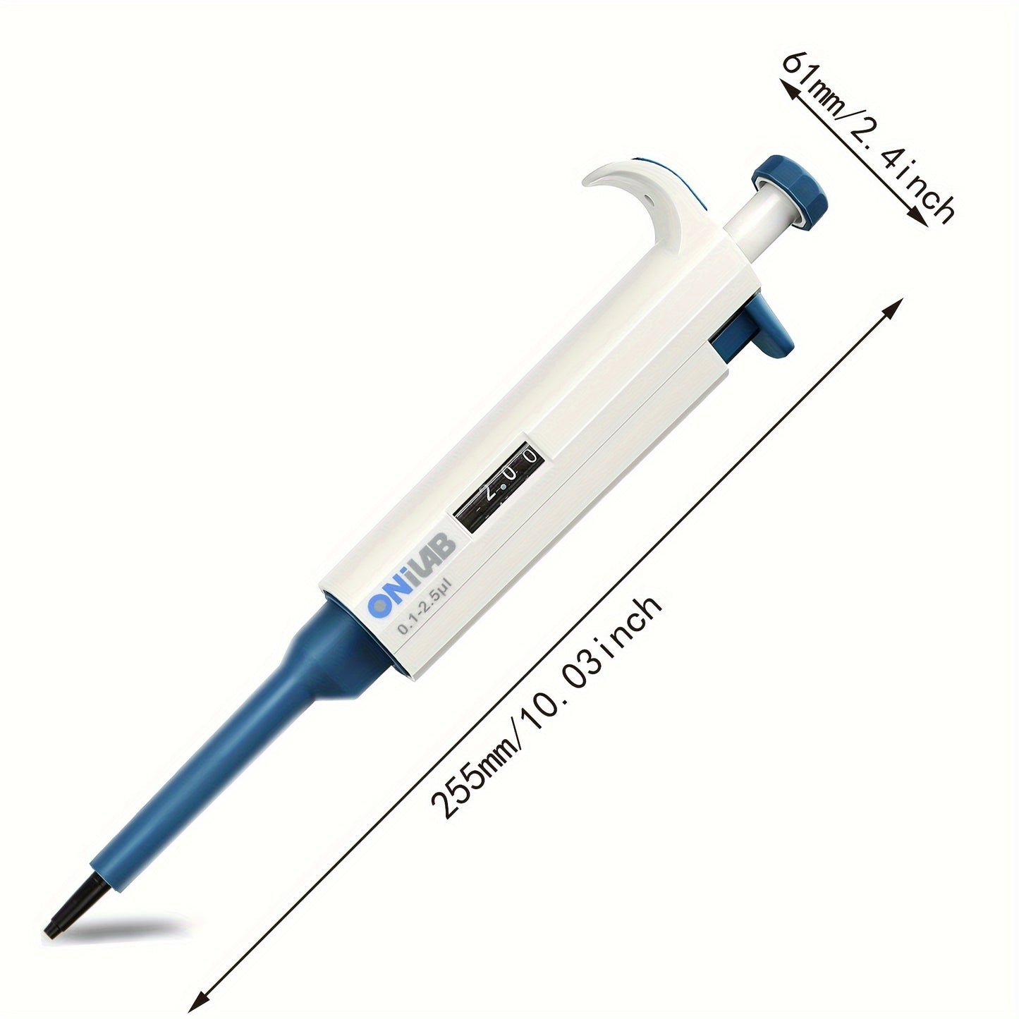 High-Precision ONiLAB Micropipette, adjustable 0.1ul-10ml, autoclavable, with ergonomic grip and storage holder.