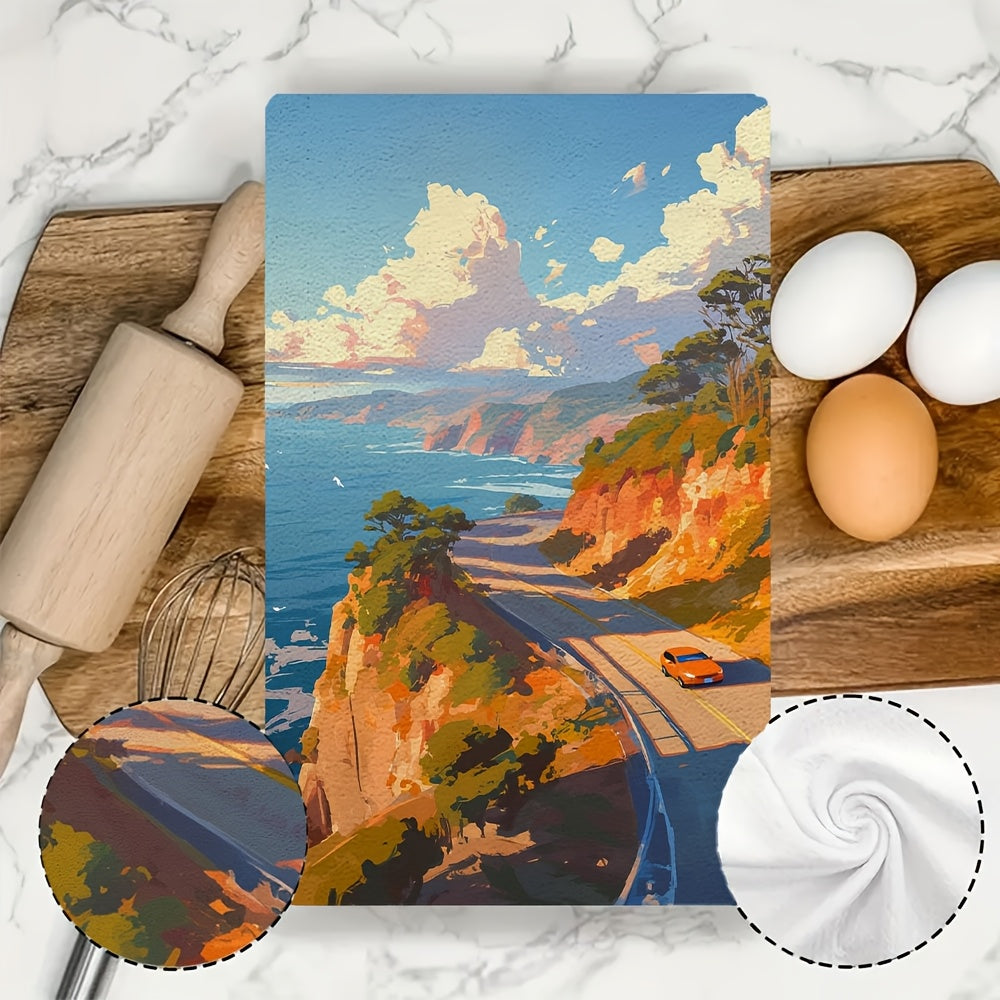 2 pieces of luxurious kitchen towels, perfect for a scenic drive along the coast. These ultra soft and highly absorbent dish hand towels are ideal for holiday decor. Easily machine washable and measuring 16x24 inches each. Item number: 2KYSMF1214220