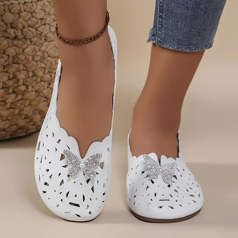 All-season flat shoes for women with diamond butterfly detail, round toe hollow design, lightweight and breathable construction. Features a flexible rubber sole, soft microfiber insole