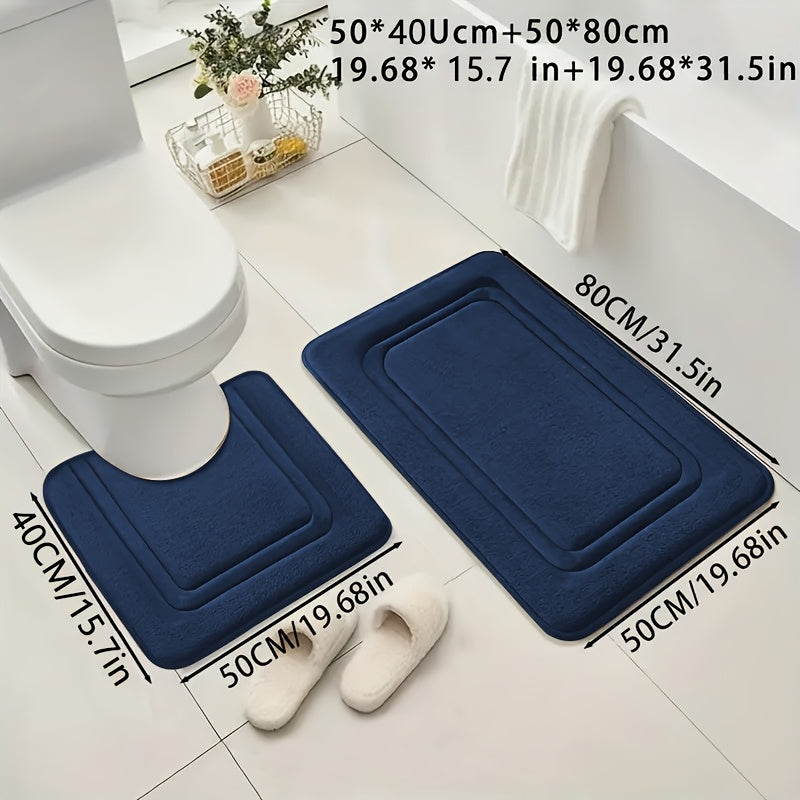 Two coral fleece bath mats, absorbent and non-slip, made from soft polyester knit fabric, 530gsm, 1.3cm thick, suitable for tub, shower, and bathroom decor.