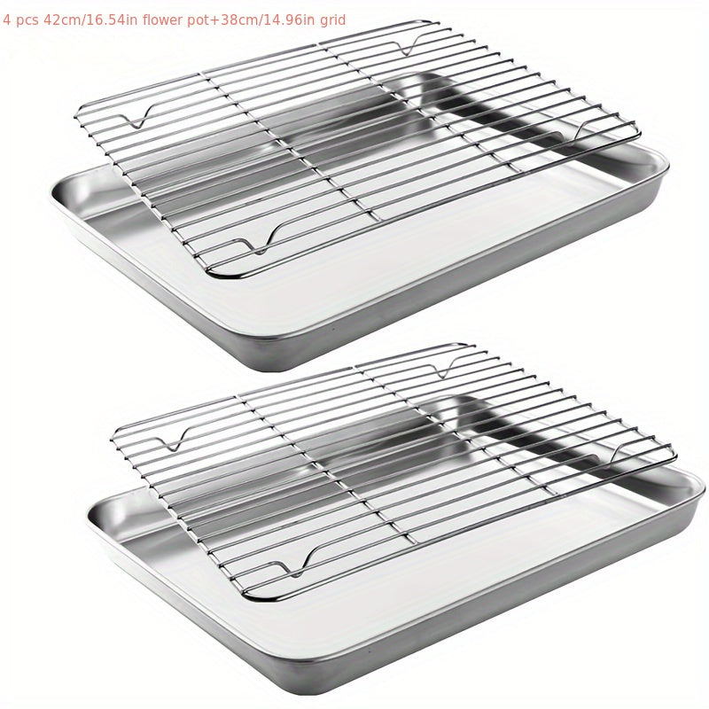 Essential Cooking Tools for Home Chefs: Stainless Steel Kitchen Set with Square Baking Pan, Mesh Drain Rack, Flat BBQ Grill Net, Oven Rack, and Vegetable Prep Tray - Includes 4 Pieces