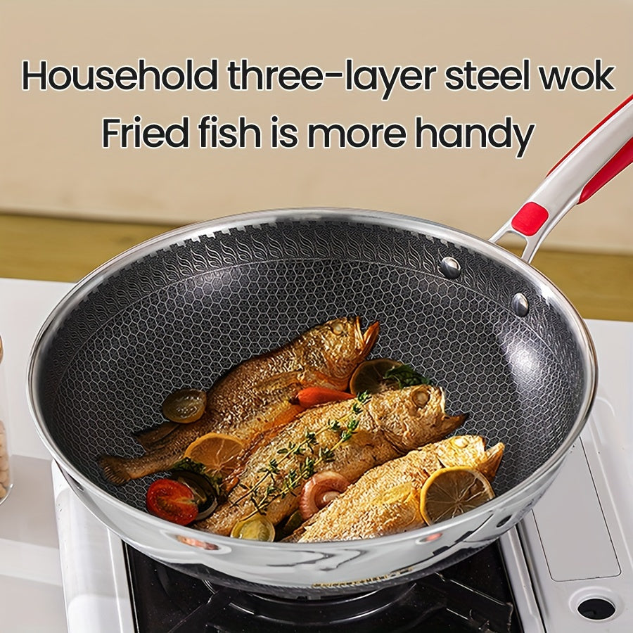 Get your hands on the 1pc 304 Stainless Steel Wok, designed with a 3-layer thickened construction for durability and large capacity. This wok is easy to clean, features a non-slip handle, and is compatible with all stoves. It is also dishwasher safe