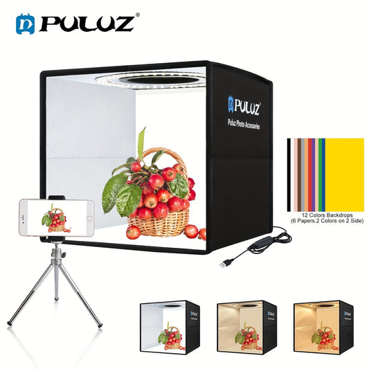 PULUZ Portable 24.89cm Ring Light Studio with Dual Color Temperature, 3 Modes, and 6 Backdrops - USB Powered, Foldable Design