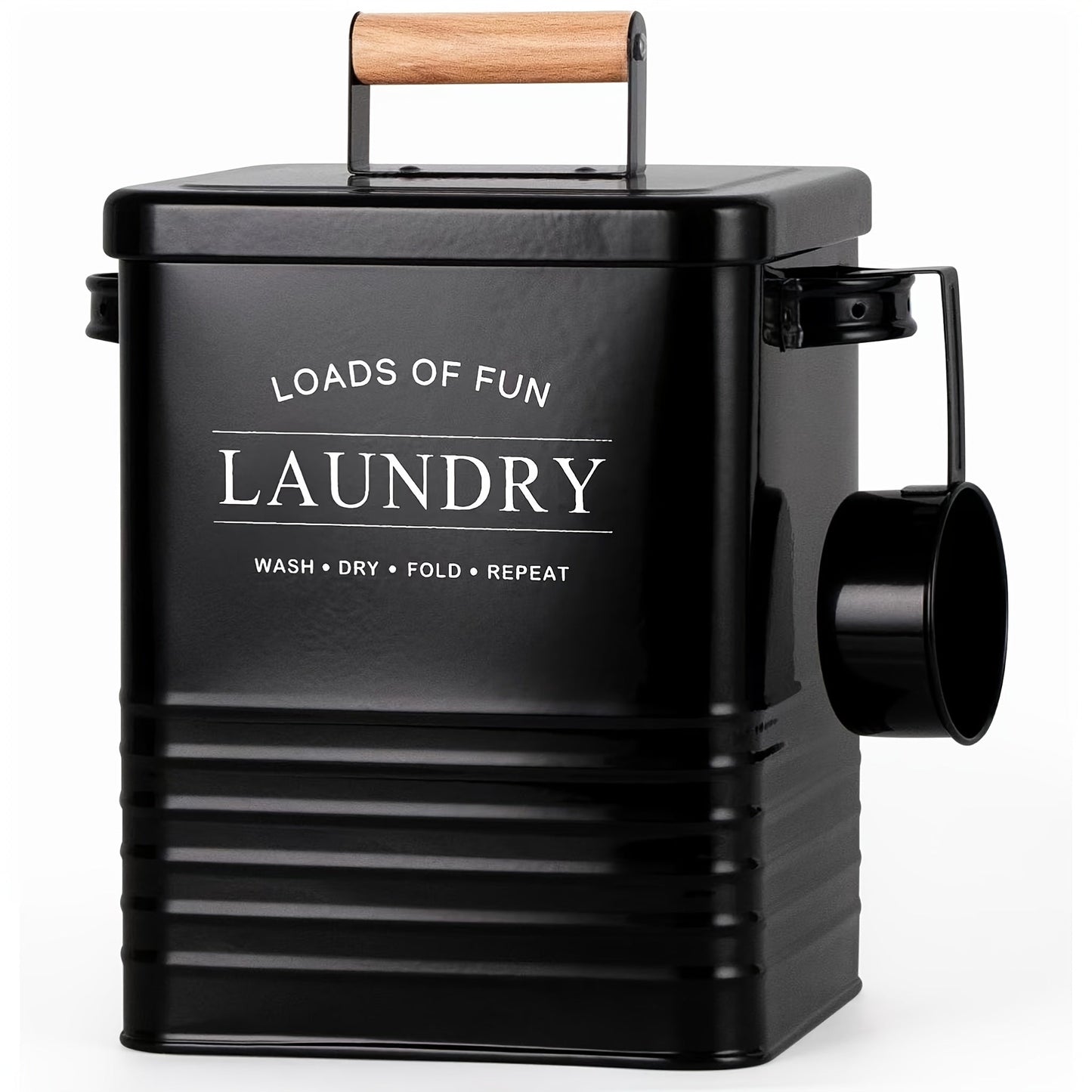 Metal laundry soap dispenser with scoop, perfect for rustic farmhouse decor in the laundry room. Space-saving organizer for detergent and softener, ideal for laundry hampers.