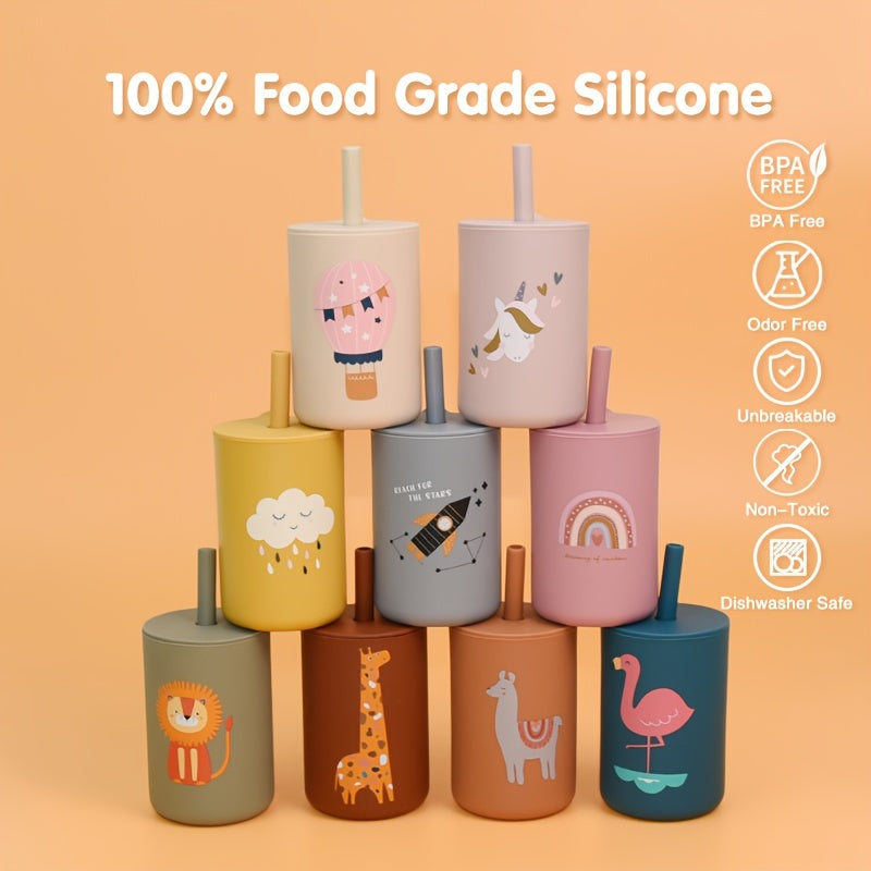 Introducing the 6oz Silicone Kids Sippy Cup, equipped with a straw and lid. This BPA-free cup is safe for use in the dishwasher and microwave, making it perfect for young children learning to drink on their own. Choose from a variety of fun colors