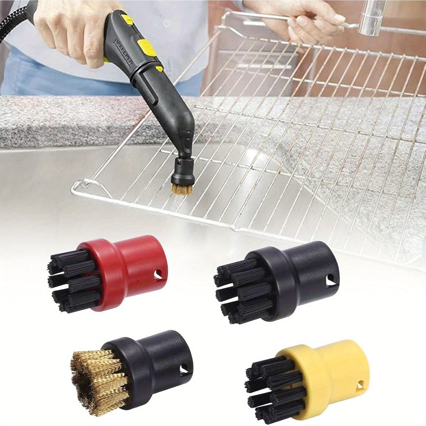 The steam cleaner accessories set includes 8 pieces specifically for Karcher SC1 SC2 SC3 SC4 SC5 models. It comes with 4 round brushes, 1 large round brush, and 3 replacement nozzles, all made of plastic. No electricity is required, making it an ideal