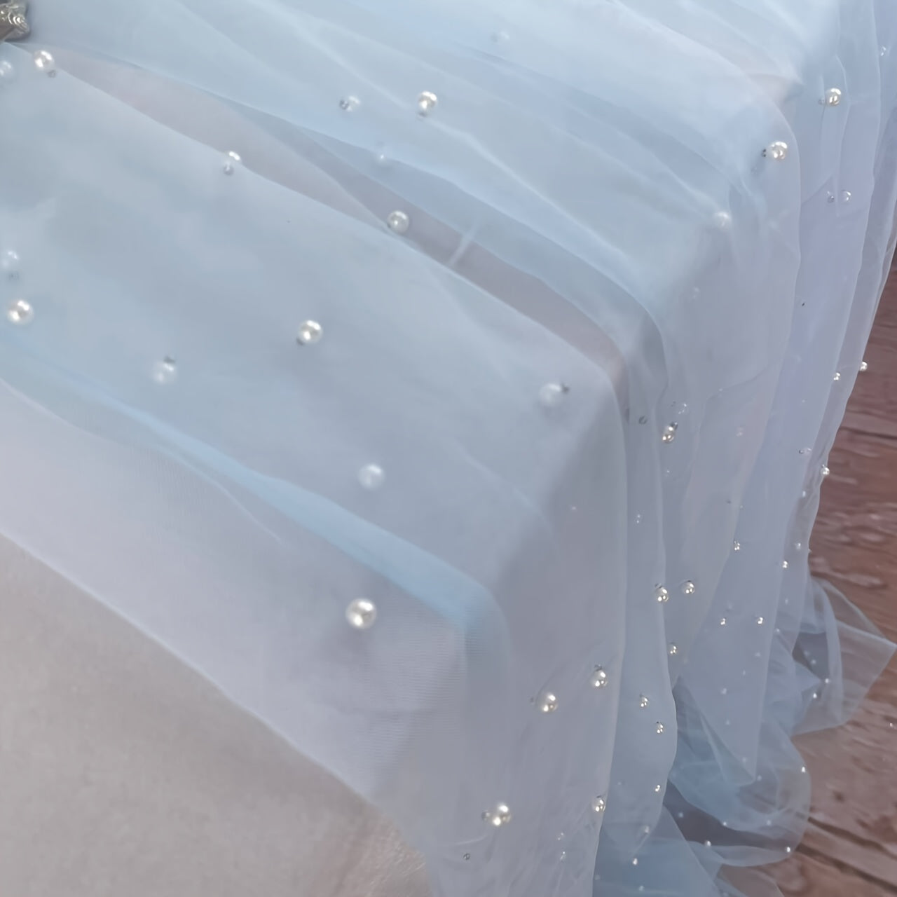 1 pc Pearl Table Runner for Wedding Arch Decor, Bridal Shower, and Event Decoration, featuring Romantic Pearl Lace embroidery on a Clear Wrinkle-Proof White Chiffon Tulle fabric.