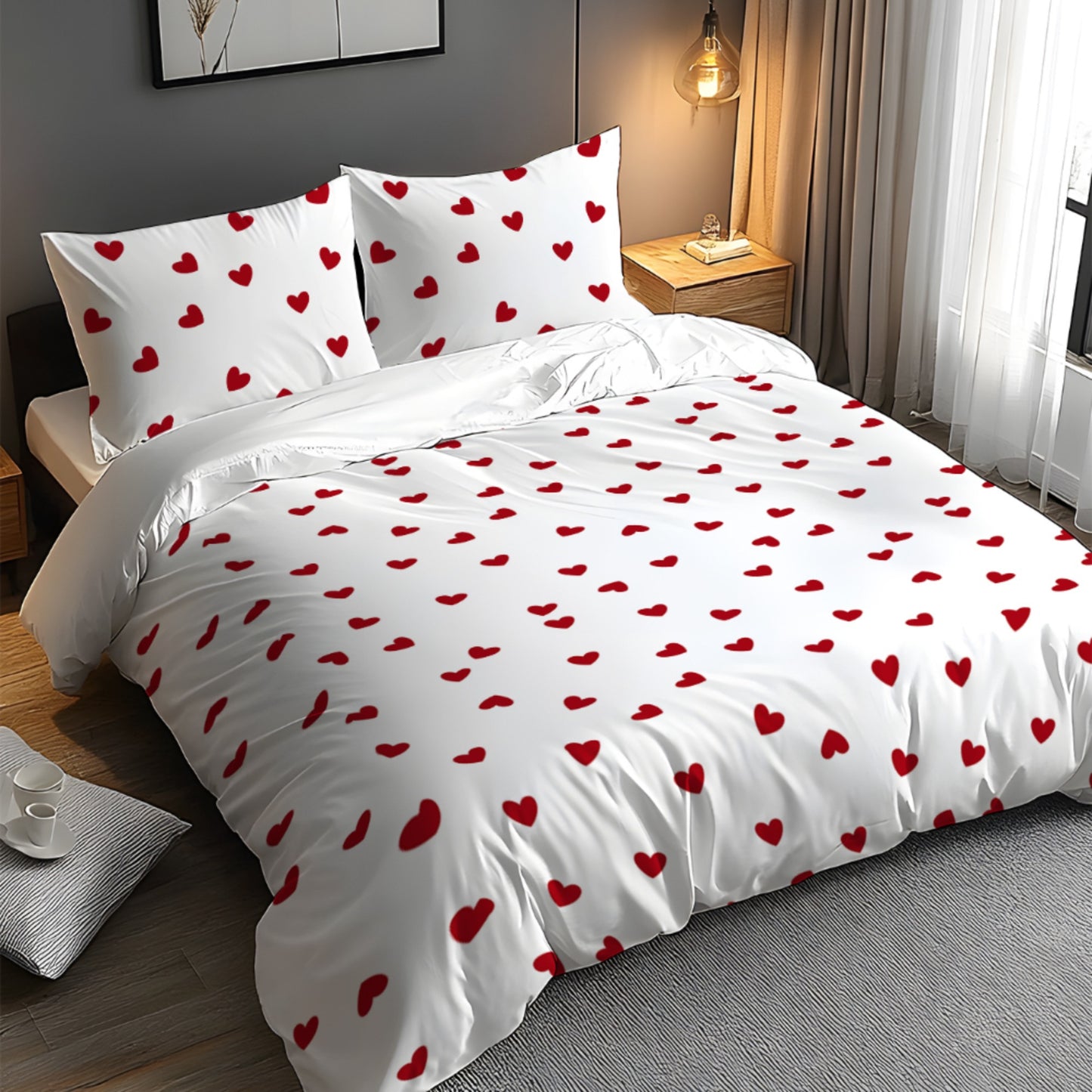 Valentine's Day-themed 3-piece bedding set featuring pure love design pattern made of soft fleece fabric with 3D digital printing. Includes 1 quilt cover and 1-2 pillowcases. Suitable for