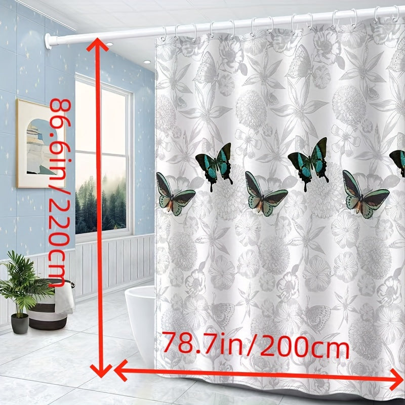 Elegant gray floral & butterfly shower curtain made of thick polyester with hooks included. Machine washable with quick-dry and opaque qualities. Easy no-drill installation for all seasons, perfect for home & hotel bathrooms.