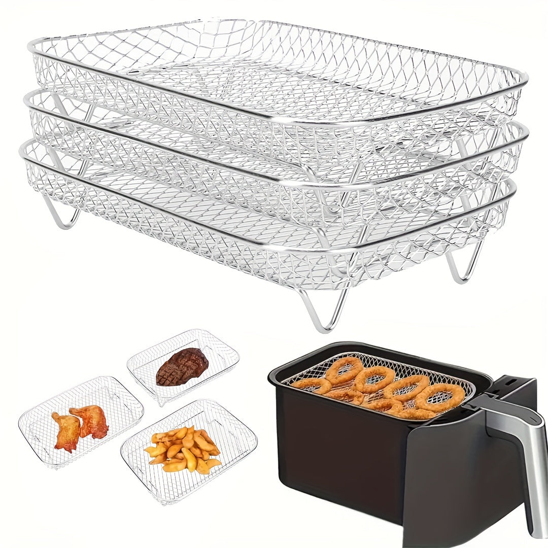 Set of Stainless Steel Air Fryer Accessories - Three-Tiered, Safe for Dishwashers and Ovens, Ideal for Healthy Holiday Baking and Cooking