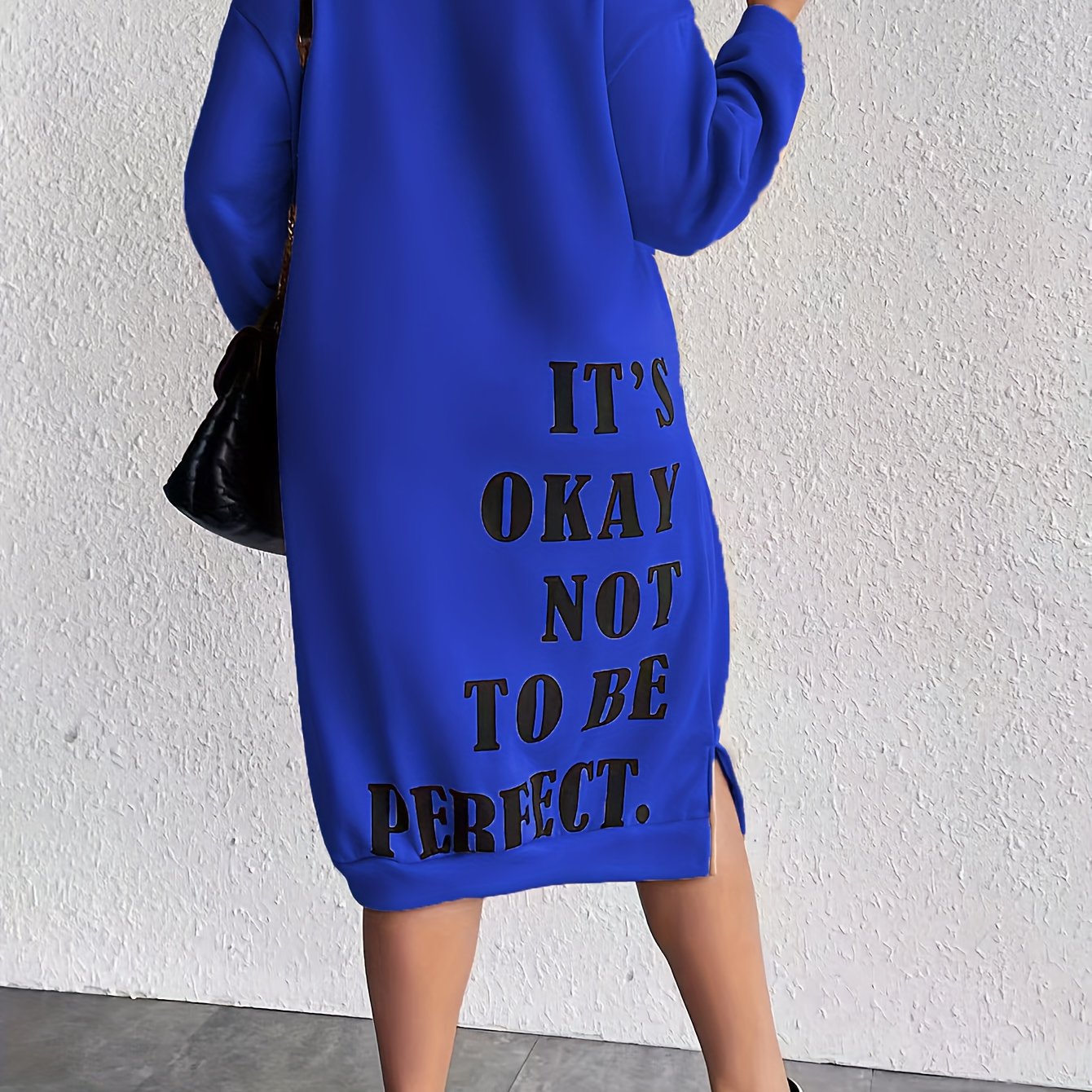 Plus Size Women's Slogan Print Casual Sweatshirt Dress with Long Sleeves and Side Split