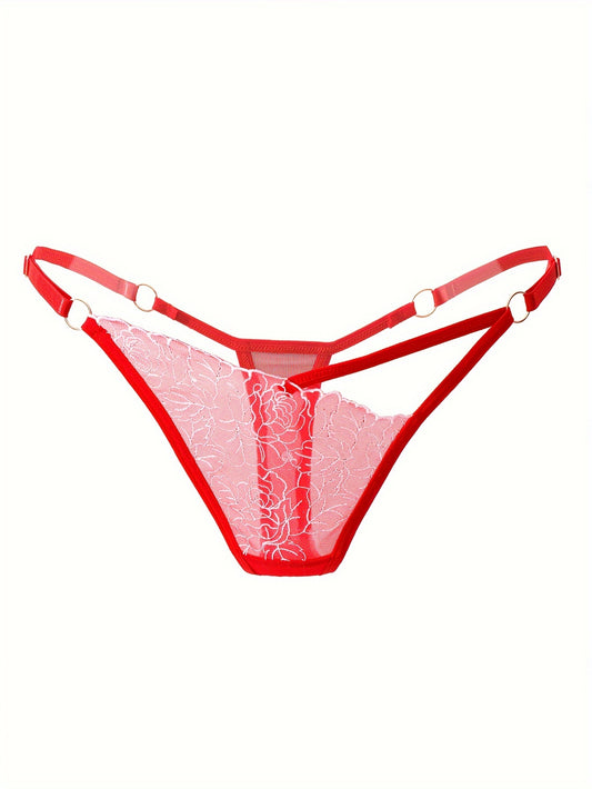 Stylish lace thong with adjustable belt, sexy hollowed-out waist and sheer detailing, ideal for nightclub looks.