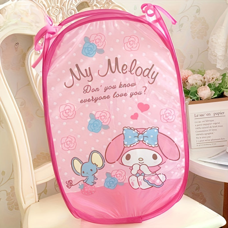 Kawaii and adorable Sanrio storage bag featuring Hello Kitty and Kuromi. This foldable organizer can be used for storing dirty clothes or as a laundry basket.