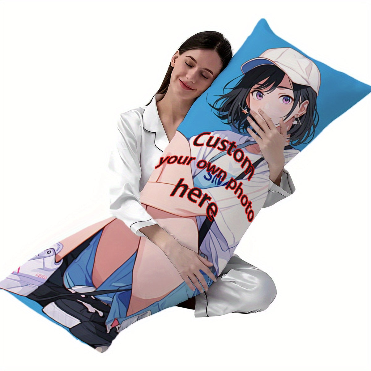 This custom photo body pillowcase features a long rectangular anime design with Thanksgiving, Christmas, and New Year patterns. It is the perfect birthday gift or wedding anniversary present, made from soft plush material with a single-sided print.