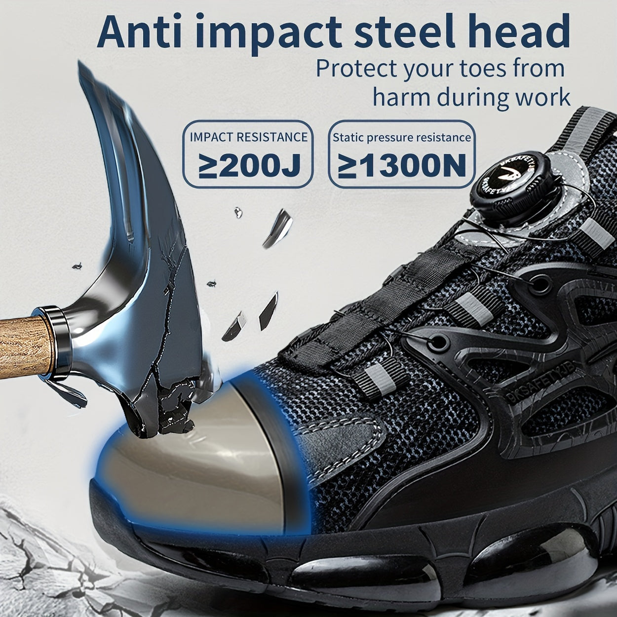 Men's steel toe work boots with puncture-proof fabric, non-slip sole, and elastic band for outdoor activities.