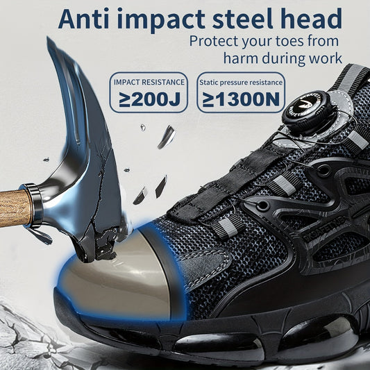 Men's steel toe work boots with puncture-proof fabric, non-slip sole, and elastic band for outdoor activities.