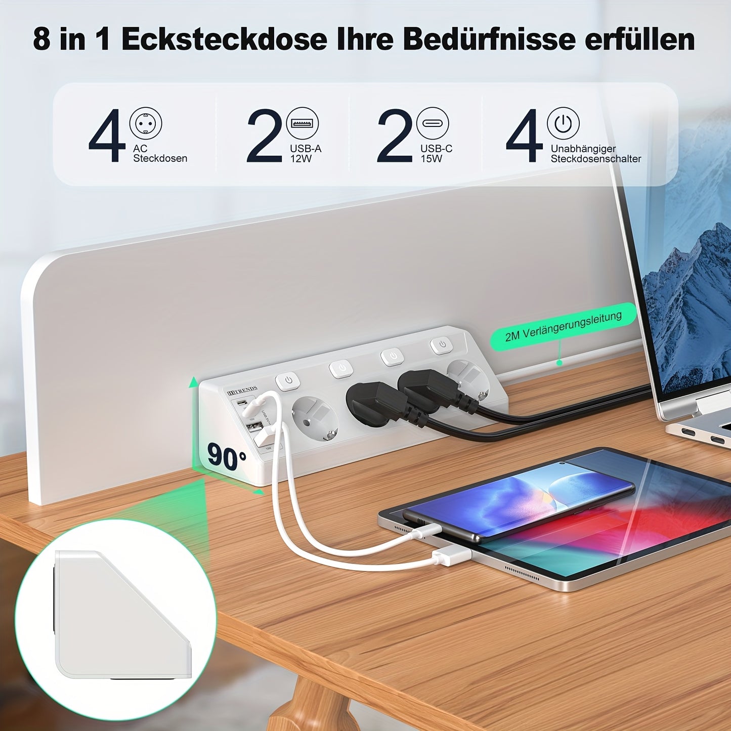 HITRENDS 4-port corner power strip with USB-C and USB-A ports, European standard plug, 220-240V AC, rectangle shape, on/off switch. Ideal for home and office use.