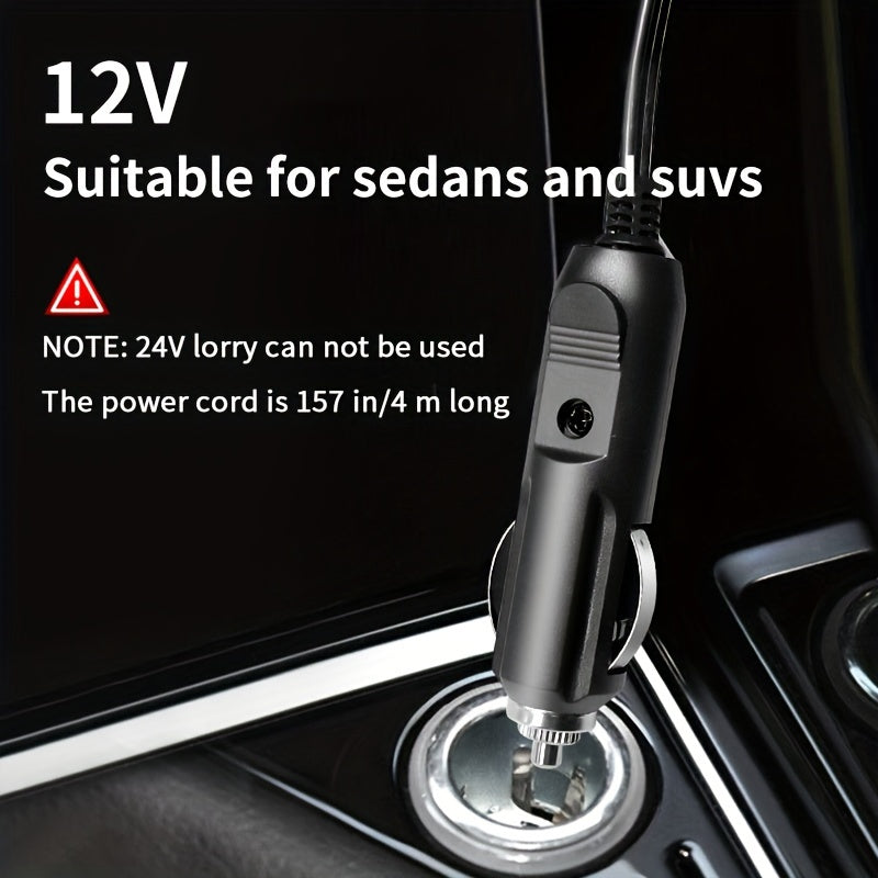 Powerful 12V car vacuum with extended cable, accessories, and strong suction - quiet and efficient.