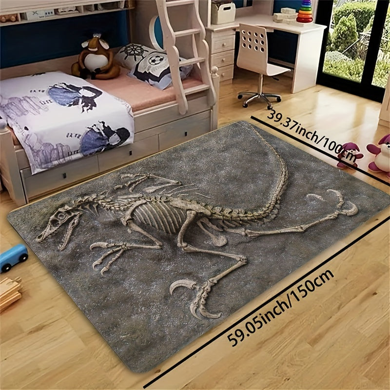 Soft and thick area rug designed with dinosaur fossils, measuring 8mm in thickness. This rug is machine washable and suitable for use in the bathroom, kitchen, living room, or bedroom. It serves as a versatile indoor decor mat, perfect for adding a touch