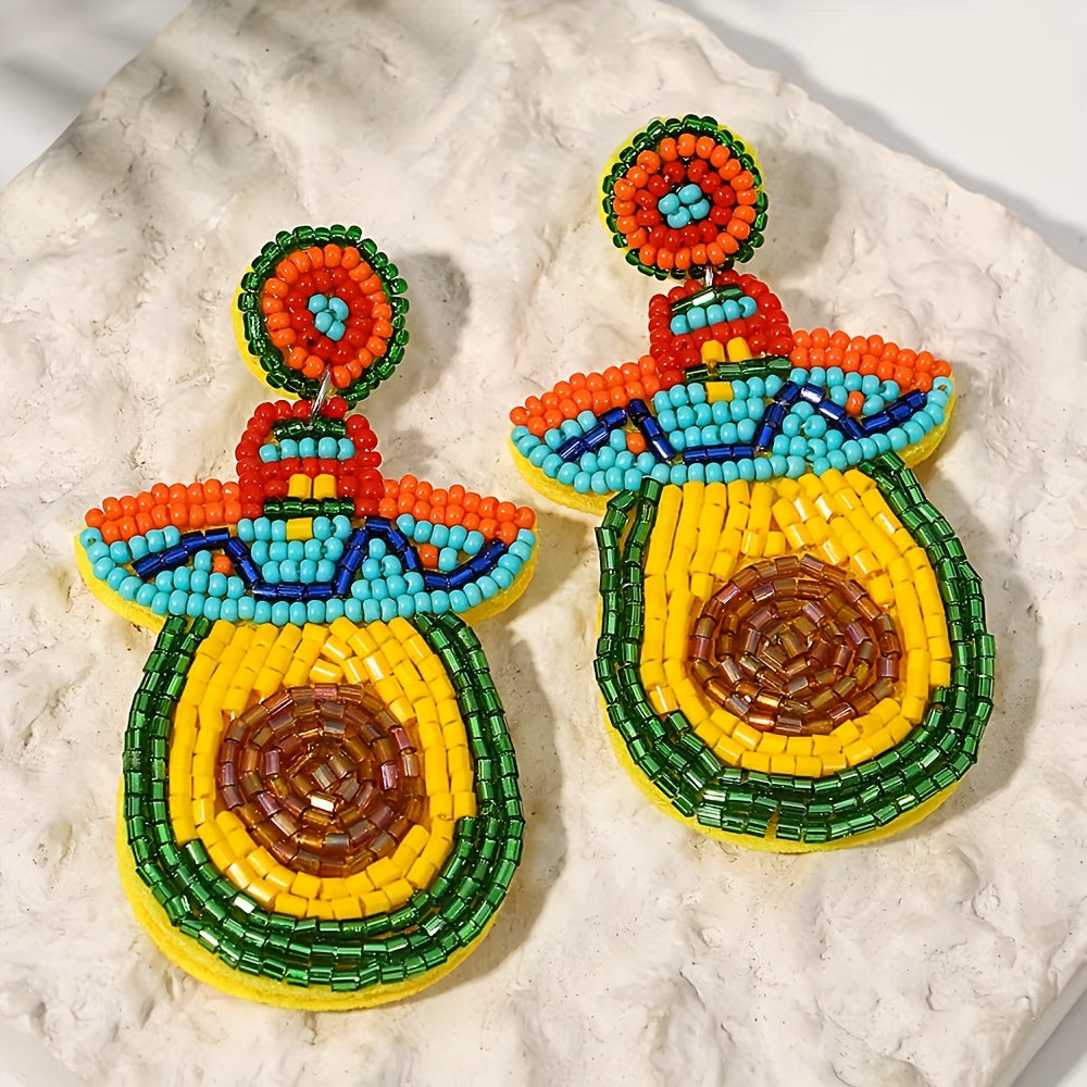 Handcrafted Bohemian Beaded Cactus Hat Earrings with Stainless Steel Posts, Vibrant Plant Design for Women - Ideal for Everyday Wear and Celebrations