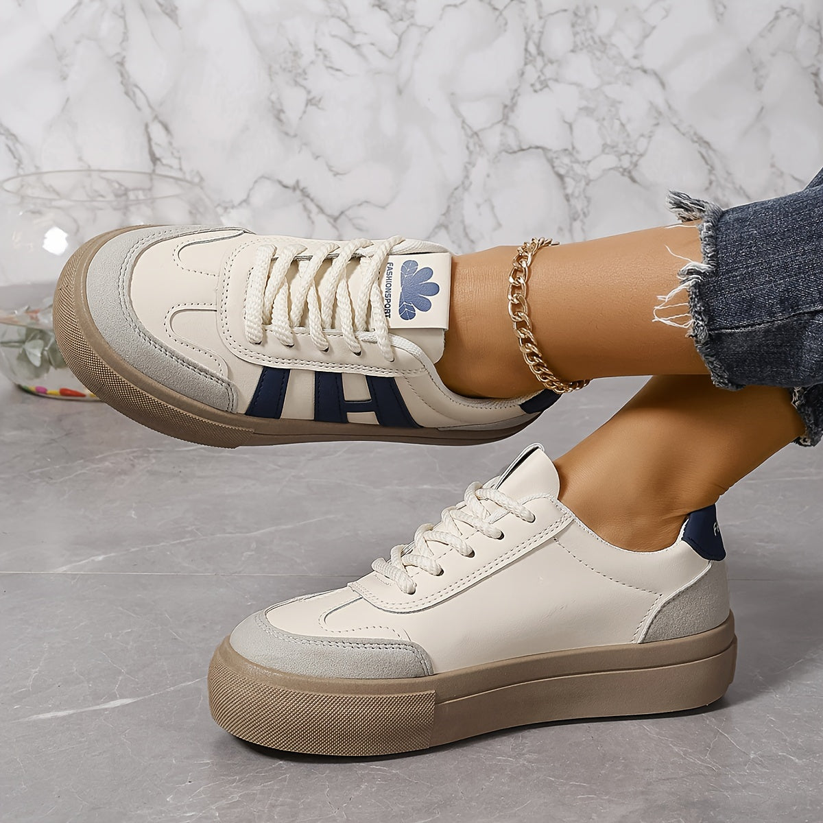 Women's Colorblock Trendy Sneakers with Lace Up Soft Sole Platform Skate Shoes.