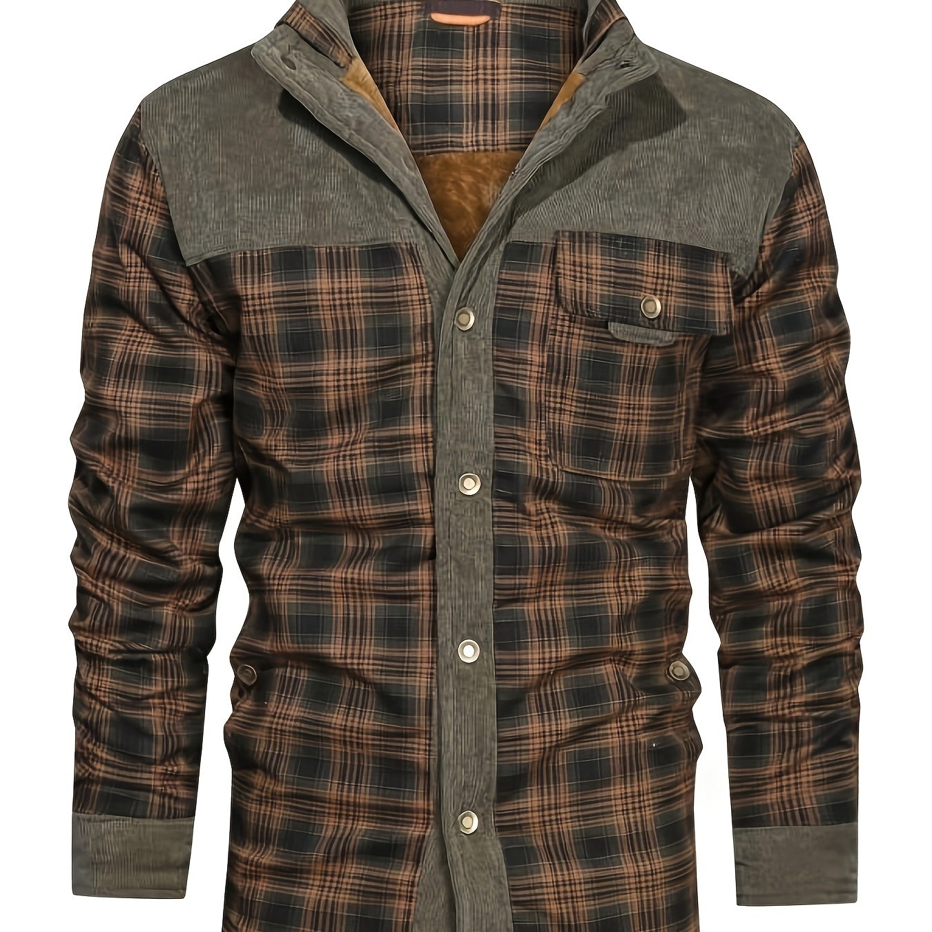 Men's Plaid Fleece-Lined Jacket - Button-Up Shacket, Fall/Winter Long Sleeves, Brown & Gray