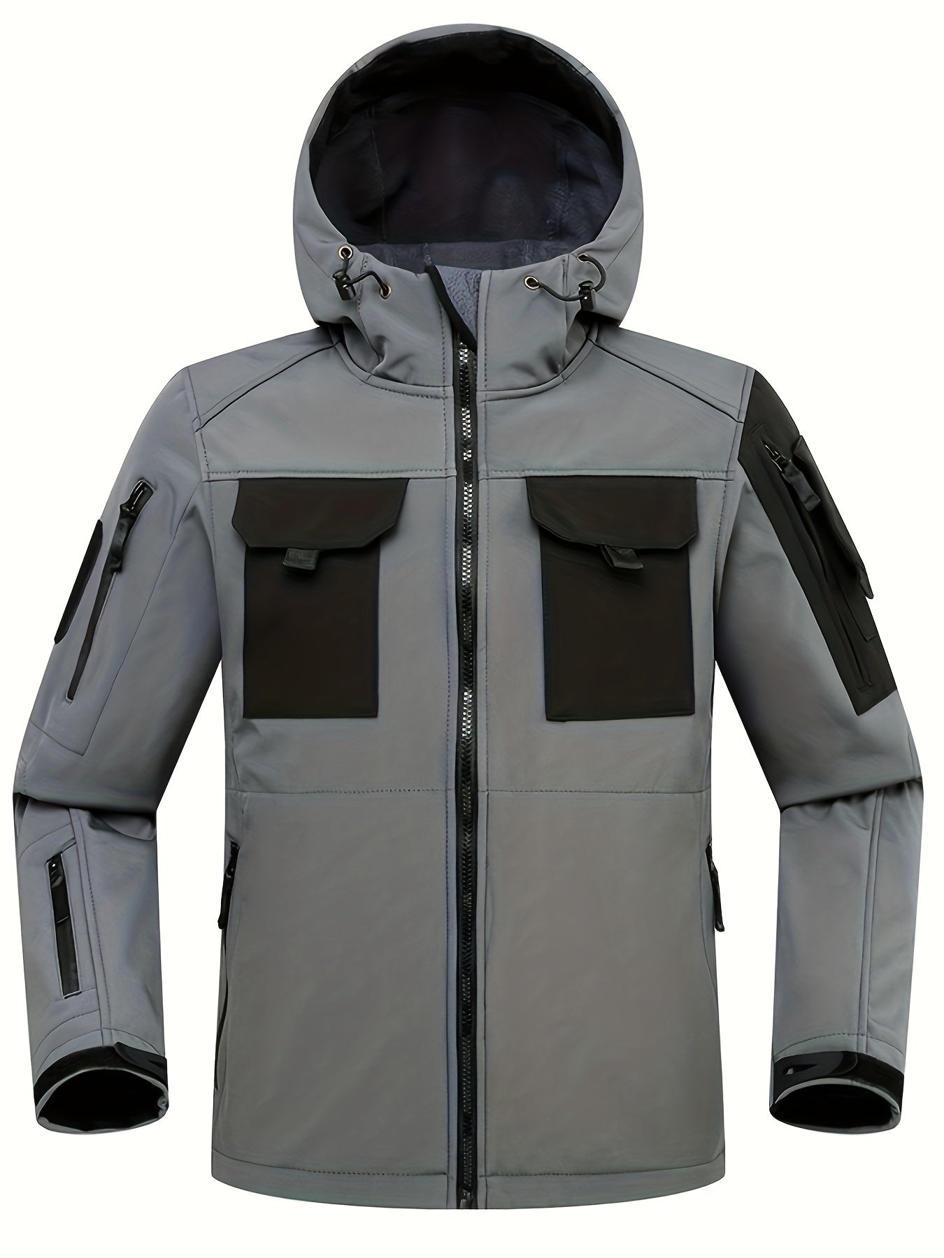 Men's warm hooded jacket with pockets, scratch resistant and perfect for outdoors.