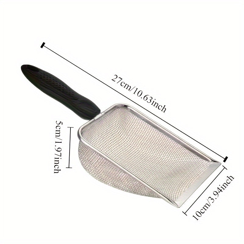 Durable stainless steel cat litter scoop with deep shovel for easy cleaning.