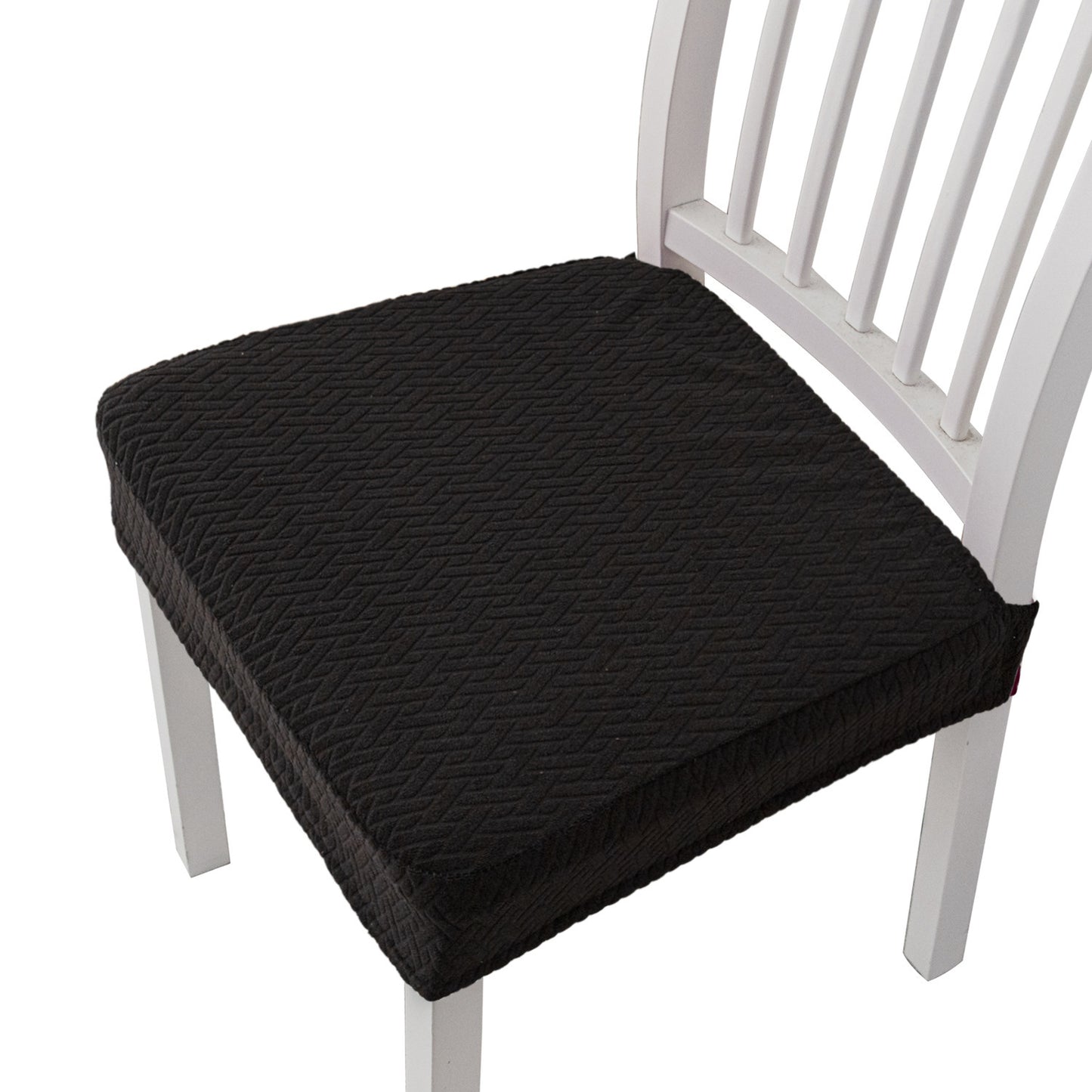 Stretchable solid color chair cushion cover with elastic fit for dining chairs in homes and hotels. Made of machine washable polyester blend.