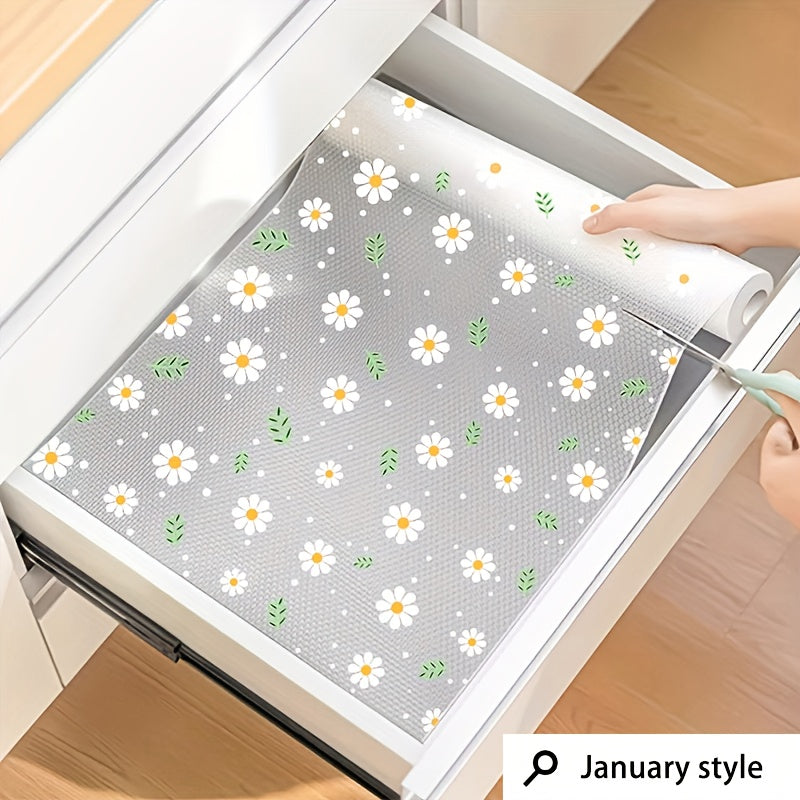 Get a single roll of EVA shelf liner featuring a fresh floral design. This liner is non-slip, moisture-proof, dust-proof, and oil-resistant, making it perfect for use in the kitchen, wardrobe, or shoe cabinet. It is easy to cut and clean, making it a