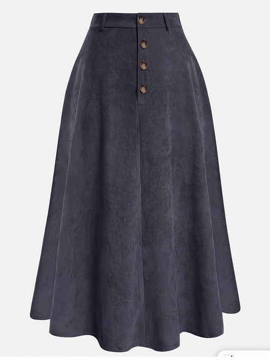 Solid button front corduroy skirt for plus size women, perfect for spring and fall.