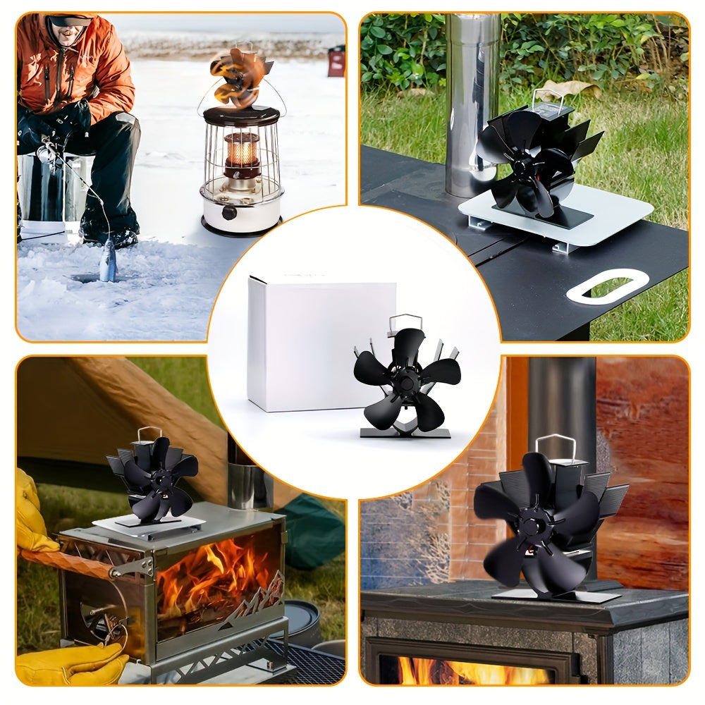 This portable metal fireplace fan features 5 blades for optimal heat distribution. The YL222 mini table fan operates without the need for electricity and includes multiple components for convenience. It provides efficient heat preservation, operates