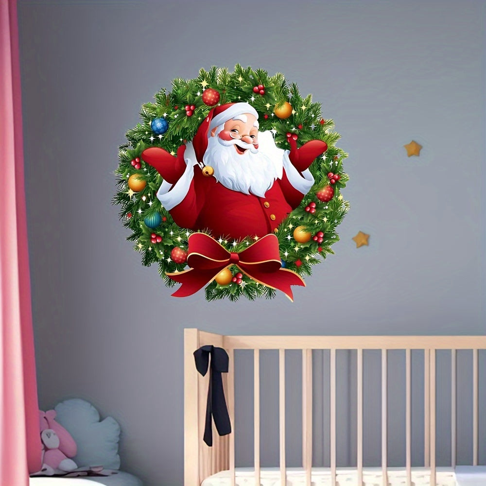 Modern Santa Claus wreath window stickers made from polyvinyl chloride with self-adhesive for easy home decorating. These glossy holiday PVC window clings are reusable and have other embellishment features, with a 2mil thickness.