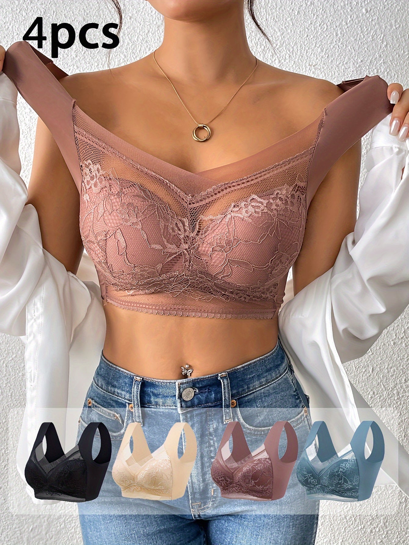 4 pieces of women's lace contrast underwear and bra, including daily bra and no steel ring underwear.