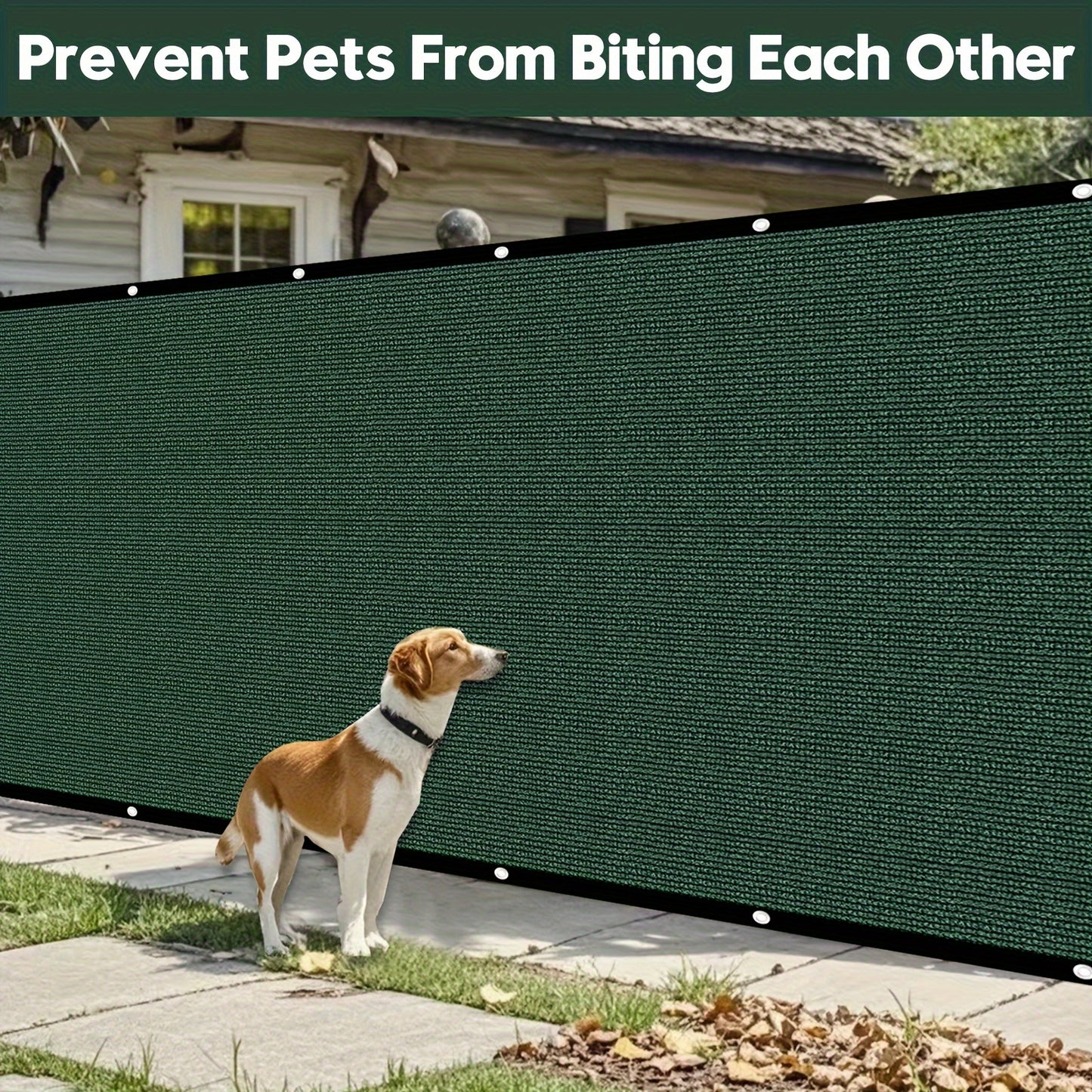 Heavy duty green plastic privacy fence with brass grommets and straps, perfect for balconies, yards, and pools. Provides 90% visibility blockage and acts as a pet protective barrier.