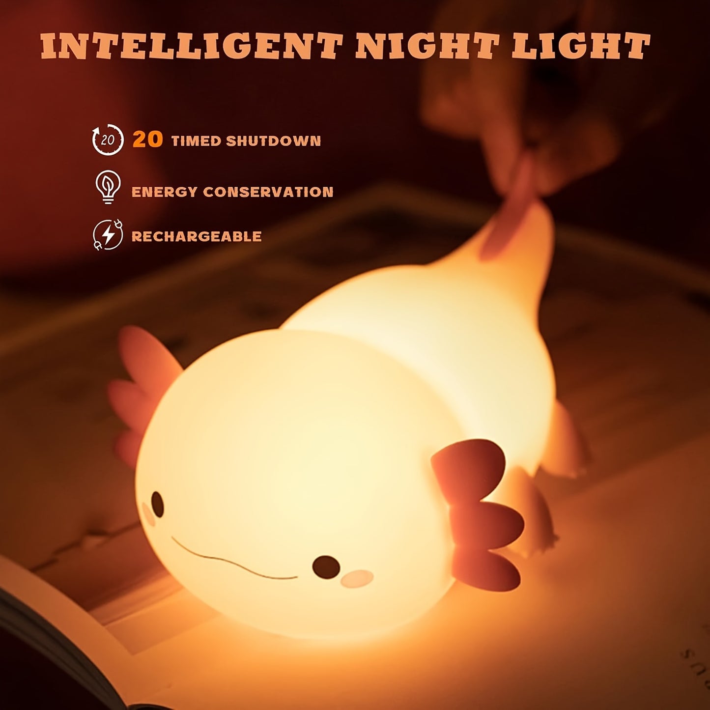 Axolotl Night Light: Cute Salamander Lamp, Dimmable LED Nightlight with Timer, USB Rechargeable. Perfect for Gifts and Decor.