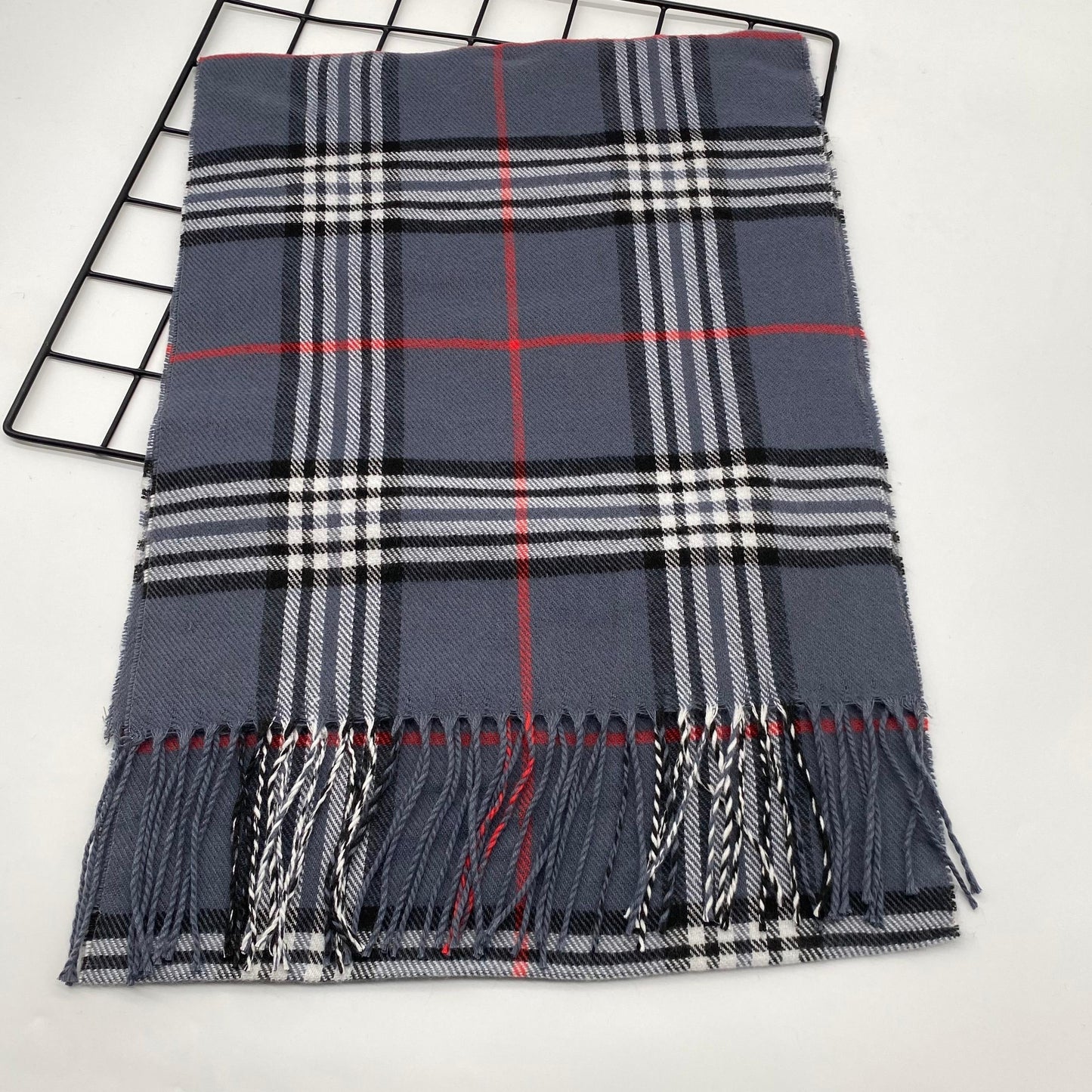 Soft and warm woven polyester men's scarf with classic checkered stripe design and fringe detail - 1 piece of classic style scarf.