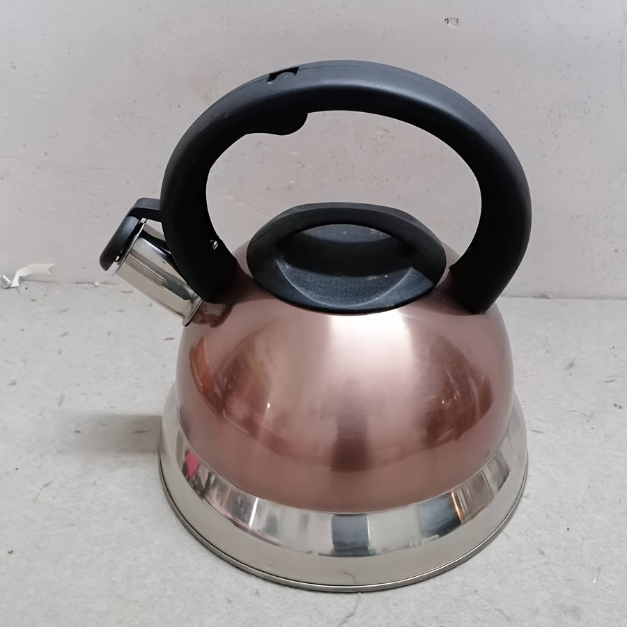 No electricity required: The 1pc Stainless Steel Whistle Kettle 2.5L is compatible with gas, electric, induction, ceramic & halogen stovetops. It features a practical lid and fast boiling capabilities.