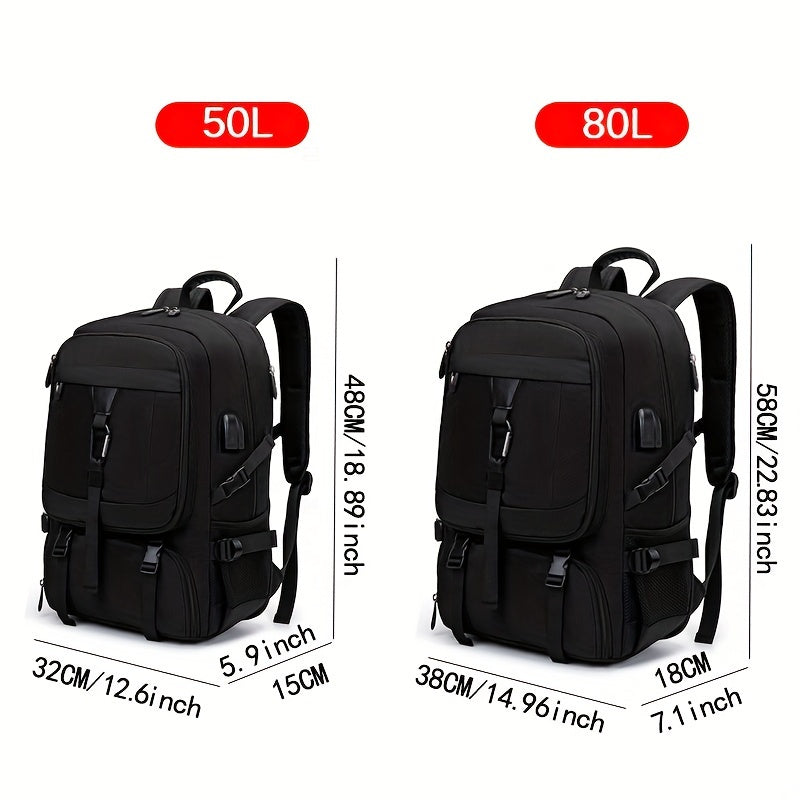 50-80L Travel backpack with shoe compartment, laptop sleeve, and expandable capacity, suitable for sports, hiking, short business trips.