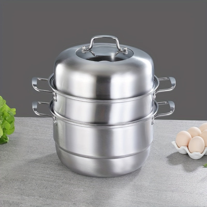 Stainless Steel Steamer Pot with Composite Bottom - Durable, Versatile 3-Tier Design for Induction Cooktops, Great for Home and Professional Kitchens