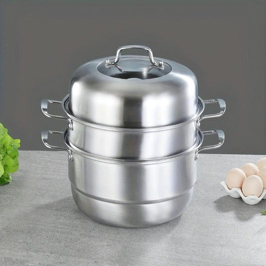 Stainless Steel Steamer Pot with Composite Bottom - Durable, Versatile 3-Tier Design for Induction Cooktops, Great for Home and Professional Kitchens