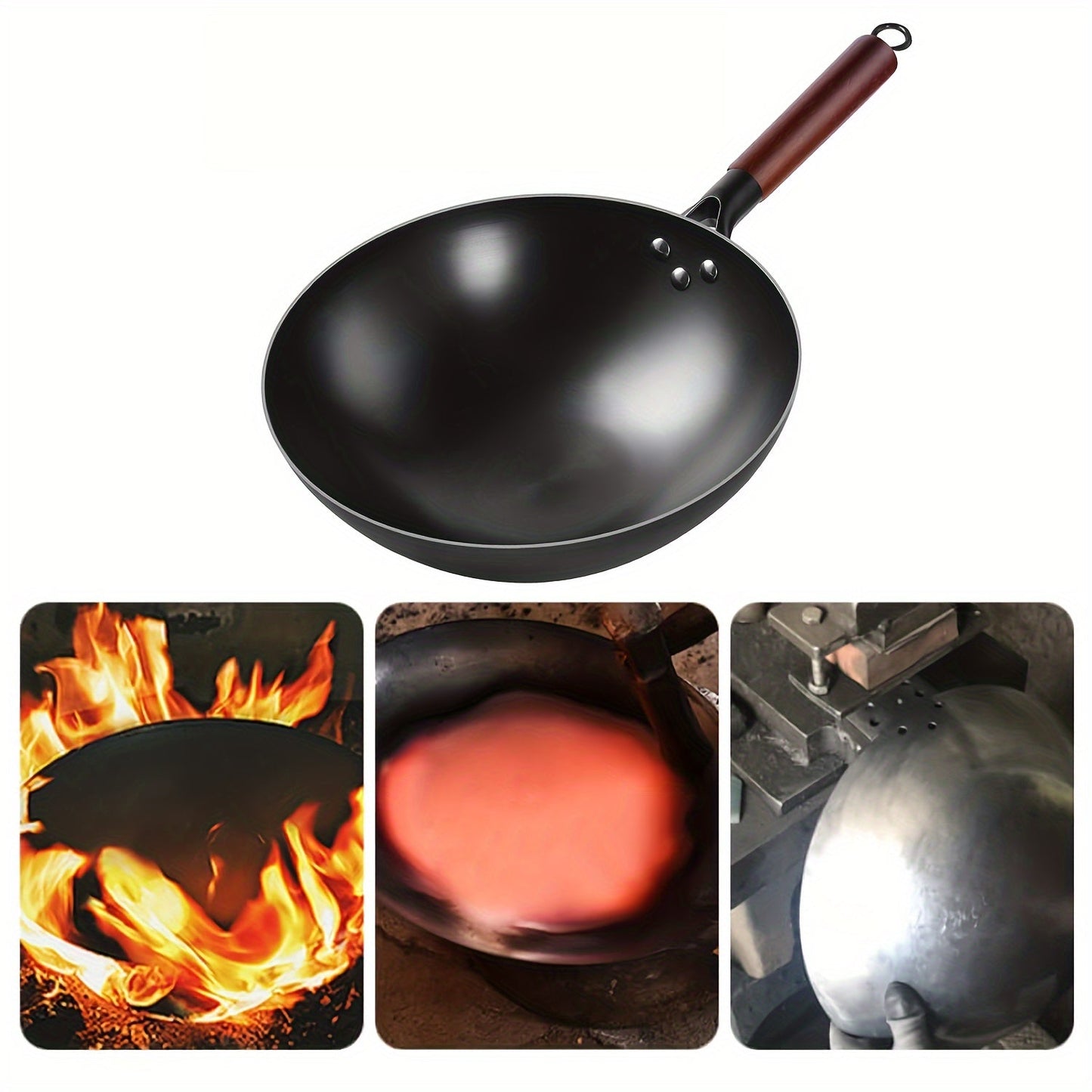 Non-Stick Iron Skillet with Rust-Resistant Round Bottom and Wooden Handle - Ideal for Home and Restaurant Use - Earless Design for Easy Handling - Made of Durable Cast Iron - Perfect for Frying