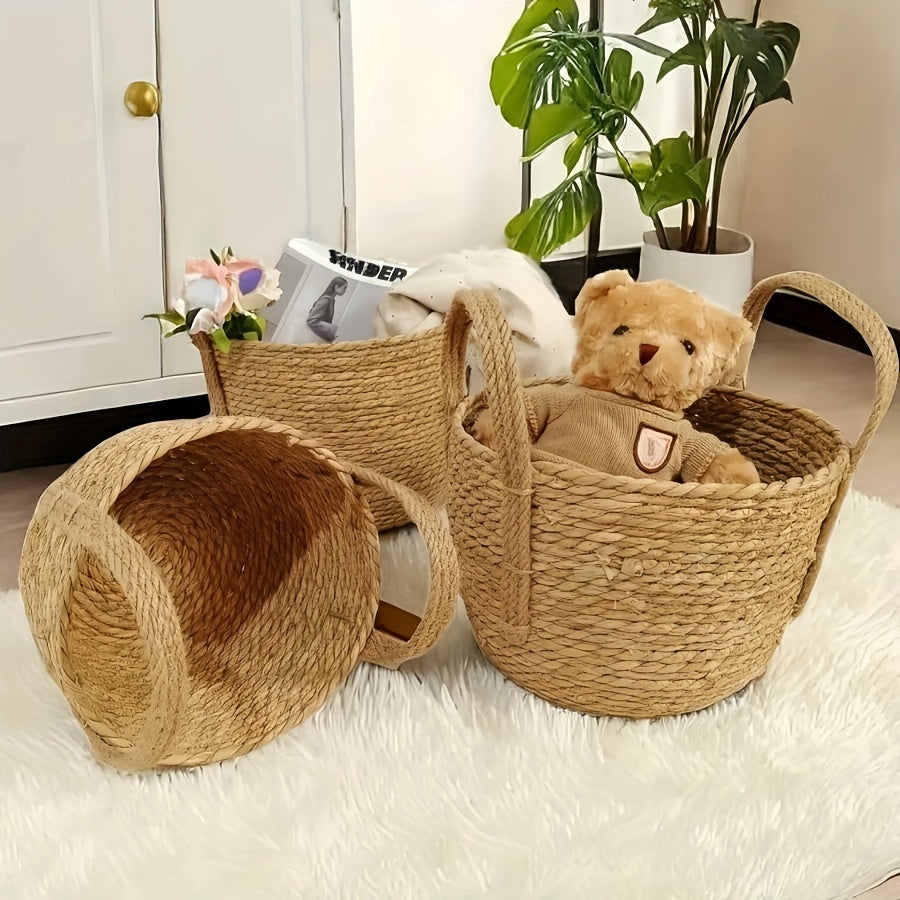 3 Handmade Woven Storage Baskets with Rustic Grass Finish - Perfect for Laundry or Home Organization